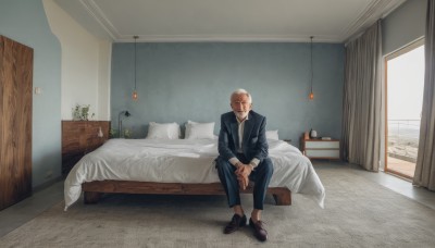 solo,short hair,blonde hair,shirt,long sleeves,1boy,sitting,jacket,white shirt,male focus,necktie,shoes,pants,indoors,black jacket,pillow,book,window,bed,facial hair,on bed,formal,own hands together,suit,plant,curtains,lamp,bedroom,old,old man,white hair,black footwear,bandages,scenery,beard,realistic,door,potted plant,wide shot,intravenous drip,wrinkled skin,hospital bed