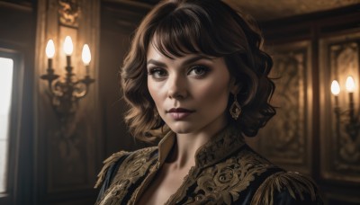 1girl,solo,looking at viewer,short hair,bangs,brown hair,brown eyes,jewelry,closed mouth,upper body,earrings,indoors,blurry,black eyes,lips,eyelashes,makeup,blurry background,portrait,epaulettes,realistic,nose,candle,black hair,dress,window,depth of field,lipstick