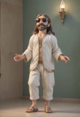 solo,long hair,brown hair,shirt,long sleeves,1boy,standing,full body,male focus,pants,indoors,facial hair,sandals,sunglasses,beard,white pants,mustache,candle,black hair,navel,jewelry,open clothes,necklace,open shirt,candlelight