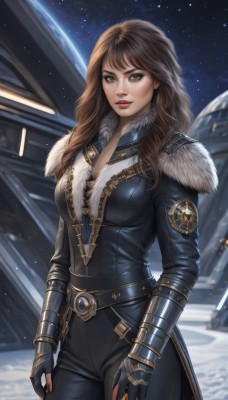 1girl,solo,long hair,breasts,looking at viewer,brown hair,gloves,cleavage,brown eyes,medium breasts,standing,cowboy shot,sky,black gloves,belt,pants,fingerless gloves,armor,lips,fur trim,bodysuit,makeup,night,watermark,lipstick,gauntlets,star (sky),night sky,starry sky,fur collar,realistic,nose,space,leather,bangs,emblem,planet,earth (planet),spacecraft