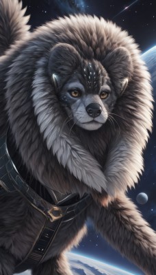 solo,looking at viewer,yellow eyes,sky,belt,signature,no humans,animal,star (sky),starry sky,colored sclera,space,animal focus,planet,fur,whiskers,earth (planet),black fur,brown eyes,upper body,night,moon,night sky,realistic,shooting star