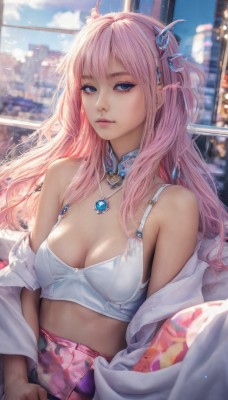 1girl,solo,long hair,breasts,looking at viewer,bangs,blue eyes,shirt,hair ornament,cleavage,bare shoulders,jewelry,medium breasts,underwear,white shirt,upper body,pink hair,parted lips,open clothes,sky,choker,day,midriff,indoors,necklace,off shoulder,bra,blurry,lips,crop top,window,blurry background,realistic,skirt,closed mouth,two side up,detached collar,gem,white bra,city,cityscape