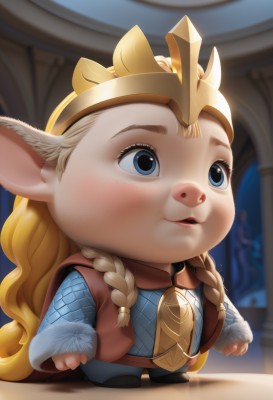 1girl,solo,long hair,blush,open mouth,blue eyes,blonde hair,long sleeves,animal ears,standing,braid,parted lips,teeth,pointy ears,blurry,twin braids,lips,fur trim,blurry background,crown,looking up,furry,chibi,parody,freckles