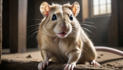 HQ,looking at viewer,blue eyes,day,indoors,blurry,no humans,window,depth of field,blurry background,animal,fangs,sunlight,cat,claws,realistic,animal focus,mouse,whiskers,solo,open mouth,full body