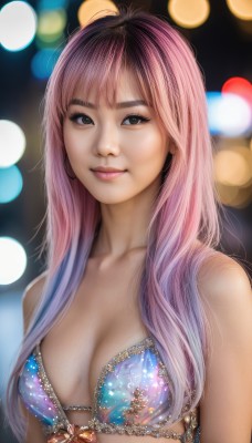 1girl,solo,long hair,breasts,looking at viewer,smile,bangs,cleavage,bare shoulders,brown eyes,medium breasts,closed mouth,collarbone,swimsuit,upper body,pink hair,bikini,multicolored hair,blurry,black eyes,lips,gradient hair,depth of field,blurry background,blue bikini,realistic,nose,bokeh,jewelry,underwear,small breasts,bra,eyelashes,makeup