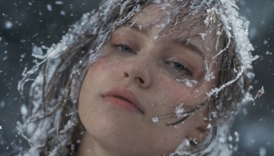 1girl,solo,long hair,looking at viewer,brown hair,parted lips,artist name,water,blurry,black eyes,lips,grey eyes,blurry background,portrait,snow,close-up,freckles,snowing,realistic,nose,black hair,depth of field