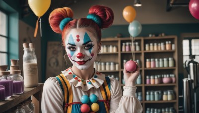 1girl,solo,looking at viewer,smile,shirt,long sleeves,holding,brown eyes,jewelry,closed mouth,white shirt,upper body,red hair,earrings,indoors,hand up,necklace,hair bun,blurry,double bun,makeup,mask,depth of field,blurry background,facial mark,bottle,lipstick,beads,red lips,facepaint,balloon,shelf,jar,neck ruff,clown,brown hair,hair ornament,lips,window,eyeshadow,shop