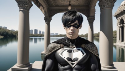 solo,looking at viewer,smile,short hair,black hair,1boy,jewelry,upper body,male focus,earrings,outdoors,day,water,cape,lips,bodysuit,mask,muscular,building,black bodysuit,black cape,superhero,statue,domino mask,brown eyes,closed mouth,sky,pectorals,muscular male,reflection,realistic