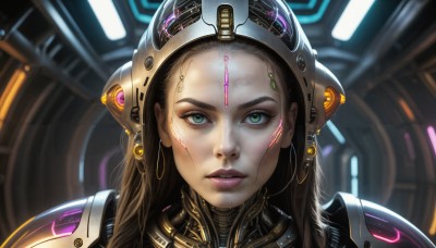 HQ,1girl,solo,long hair,looking at viewer,brown hair,black hair,closed mouth,green eyes,blurry,lips,eyelashes,blurry background,headgear,expressionless,portrait,close-up,forehead,science fiction,realistic,nose,android,cable,straight-on,cyborg,cyberpunk,jewelry,earrings,parted lips,teeth,glowing,facial mark,hoop earrings