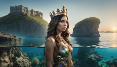 1girl,solo,long hair,breasts,brown hair,cleavage,bare shoulders,brown eyes,jewelry,medium breasts,upper body,outdoors,parted lips,sky,water,necklace,lips,ocean,sunlight,crown,gem,scenery,rock,mountain,realistic,sun,river,castle,lake,signature,dated,partially submerged,reflection,sunset,fantasy,looking afar