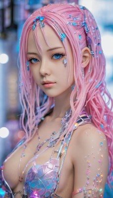 1girl,solo,long hair,breasts,looking at viewer,blue eyes,hair ornament,cleavage,bare shoulders,jewelry,medium breasts,closed mouth,swimsuit,upper body,pink hair,bikini,earrings,artist name,necklace,blurry,lips,eyelashes,depth of field,blurry background,watermark,gem,web address,armlet,crystal,realistic,nose,piercing