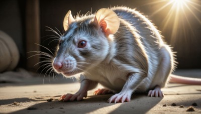 HQ,solo,looking at viewer,blue eyes,closed mouth,full body,horns,signature,blurry,no humans,animal,sunlight,cat,claws,realistic,animal focus,mouse,whiskers,brown eyes,standing,blurry background,light rays