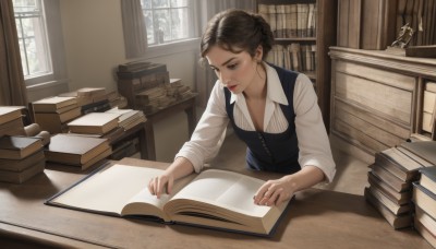 1girl,solo,breasts,short hair,brown hair,shirt,long sleeves,cleavage,brown eyes,jewelry,sitting,white shirt,braid,earrings,day,collared shirt,indoors,hair bun,vest,lips,book,window,dress shirt,chair,looking down,table,sunlight,single hair bun,curtains,desk,sleeves rolled up,black vest,open book,bookshelf,reading,candle,book stack,wooden table,closed mouth,collarbone,small breasts,tree,fingernails,leaning forward,realistic,blue vest