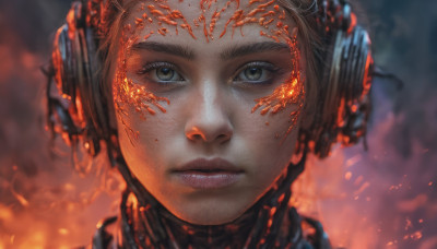 1girl, solo, looking at viewer, short hair, brown hair, closed mouth, parted lips, blurry, lips, eyelashes, blurry background, headphones, fire, portrait, freckles, realistic