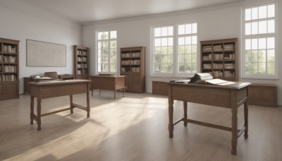 day,indoors,tree,book,no humans,window,shadow,chair,table,sunlight,plant,curtains,scenery,desk,wooden floor,paper,bookshelf,shelf,book stack,hat,witch hat,still life