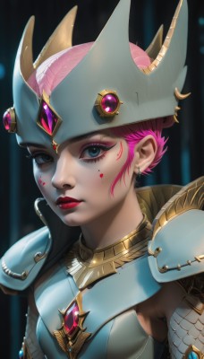 1girl,solo,breasts,looking at viewer,short hair,blue eyes,jewelry,closed mouth,upper body,pink hair,earrings,artist name,armor,blurry,official alternate costume,lips,eyelashes,makeup,blurry background,facial mark,piercing,helmet,lipstick,shoulder armor,gem,portrait,eyeshadow,pauldrons,breastplate,red lips,eyeliner,facial tattoo,hat,small breasts,mole,headgear,ear piercing,fake horns,very short hair,shoulder pads,winged helmet,gorget