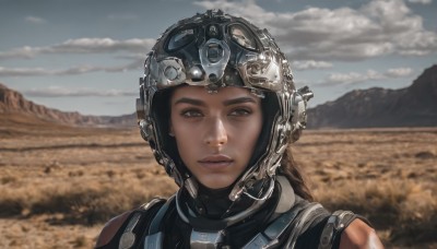 1girl,solo,long hair,looking at viewer,brown hair,brown eyes,closed mouth,upper body,outdoors,sky,day,cloud,armor,blurry,blue sky,lips,blurry background,helmet,cloudy sky,portrait,science fiction,mountain,realistic,nose,field,black hair,headgear,freckles,desert