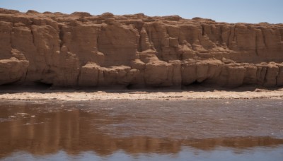 outdoors,sky,day,water,blue sky,no humans,scenery,reflection,rock,mountain,sand,river,landscape,desert,ocean,beach,realistic