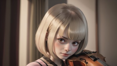 1girl,solo,looking at viewer,short hair,bangs,blonde hair,brown eyes,jewelry,closed mouth,earrings,choker,indoors,blunt bangs,blurry,lips,blurry background,black choker,bob cut,instrument,portrait,realistic,nose,music,stud earrings,playing instrument,holding instrument,violin,bow (music),eyelashes