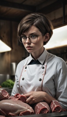 1girl,solo,short hair,bangs,blue eyes,brown hair,shirt,long sleeves,holding,white shirt,upper body,parted lips,food,glasses,indoors,blurry,apron,lips,buttons,blurry background,freckles,black-framed eyewear,realistic,nose,round eyewear,meat,vegetable,chef,looking at viewer,black hair,closed mouth,artist name,signature,depth of field