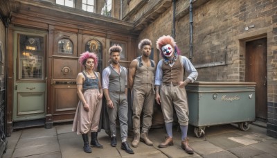 1girl,breasts,looking at viewer,smile,short hair,multiple girls,brown hair,shirt,2girls,standing,pink hair,grey hair,boots,multiple boys,shoes,sleeveless,socks,pants,indoors,2boys,necklace,vest,hand on hip,window,mask,muscular,facial hair,brown footwear,3boys,tank top,spiked hair,goggles,beard,realistic,mustache,door,clock,overalls,afro,black hair,red hair,tattoo,pompadour,mohawk