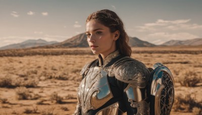 1girl,solo,long hair,looking at viewer,brown hair,brown eyes,closed mouth,upper body,braid,outdoors,sky,day,cloud,armor,blurry,lips,blurry background,shoulder armor,pauldrons,shield,breastplate,mountain,realistic,mountainous horizon,chainmail,parted lips,desert