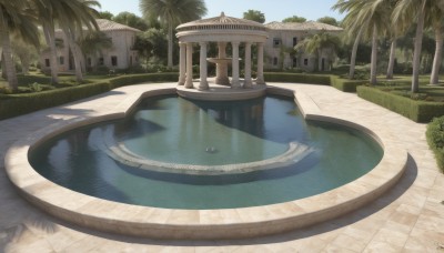 outdoors,sky,day,water,tree,blue sky,no humans,shadow,sunlight,grass,plant,building,scenery,reflection,palm tree,pool,bush,shade,reflective water,cloud,signature,beach,sand,road,path,arch,garden