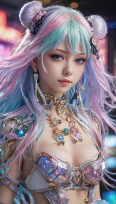 1girl,solo,long hair,breasts,looking at viewer,bangs,blue eyes,hair ornament,cleavage,jewelry,medium breasts,closed mouth,blue hair,upper body,pink hair,multicolored hair,earrings,choker,necklace,hair bun,armor,blurry,two-tone hair,lips,eyelashes,double bun,aqua hair,makeup,blurry background,gem,revealing clothes,armlet,realistic