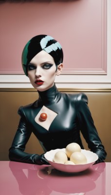 1girl,solo,looking at viewer,short hair,blue eyes,black hair,1boy,upper body,male focus,multicolored hair,food,green hair,black eyes,two-tone hair,lips,clothing cutout,bodysuit,makeup,cleavage cutout,table,lipstick,pale skin,androgynous,bowl,red lips,very short hair,egg,latex,black lips,holding,green eyes,indoors,eyeshadow,reflection,realistic