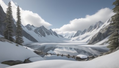 outdoors,sky,day,cloud,tree,blue sky,no humans,cloudy sky,nature,scenery,snow,forest,mountain,winter,landscape,mountainous horizon,pine tree,ice,lake