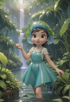 1girl,solo,looking at viewer,smile,short hair,bangs,brown hair,shirt,black hair,hat,dress,closed mouth,standing,white shirt,short sleeves,outdoors,day,artist name,hand up,water,blurry,black eyes,tree,lips,grey eyes,blue dress,leaf,watermark,sunlight,plant,child,nature,wading,forest,female child,waterfall,aqua dress,open mouth,blue eyes,:d,feet out of frame,blue headwear,green dress,pinafore dress