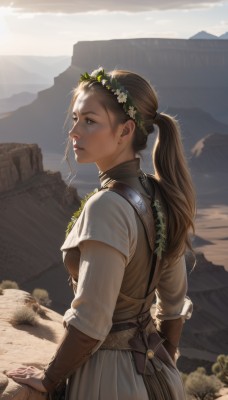 1girl,solo,long hair,breasts,brown hair,hair ornament,long sleeves,dress,brown eyes,medium breasts,standing,ponytail,weapon,flower,short sleeves,outdoors,parted lips,sky,day,belt,cloud,signature,from behind,armor,lips,sunlight,pouch,rock,mountain,realistic,nose,looking afar,head wreath,mountainous horizon,jewelry,earrings,backlighting,freckles,wreath