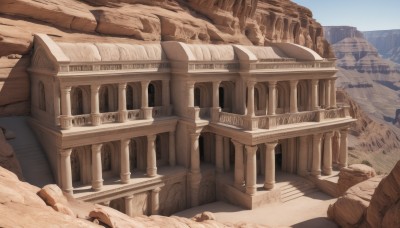 outdoors,sky,day,blue sky,no humans,building,scenery,rock,stairs,mountain,sand,road,ruins,bridge,pillar,landscape,desert,column,sunlight,architecture,cliff,arch,stone