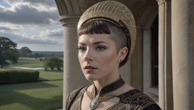 1girl,solo,short hair,bangs,brown hair,black hair,hat,jewelry,grey hair,earrings,outdoors,parted lips,sky,day,cloud,necklace,tree,blue sky,lips,grey eyes,cloudy sky,gem,portrait,scenery,freckles,realistic,pillar,upper body,teeth,choker,blunt bangs,eyelashes,nose,very short hair