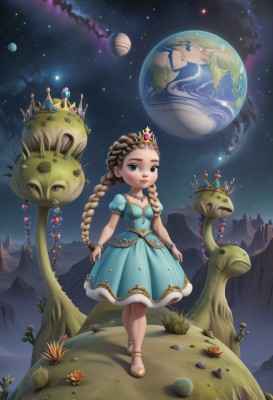 1girl,solo,long hair,looking at viewer,brown hair,dress,brown eyes,jewelry,standing,braid,flower,short sleeves,sky,shoes,puffy sleeves,artist name,necklace,twin braids,bracelet,puffy short sleeves,night,blue dress,watermark,moon,crown,child,star (sky),starry sky,walking,female child,space,planet,earth (planet),elephant,blush,blue eyes,blonde hair,very long hair,closed mouth,full body,outdoors,tree,lips,fur trim,single braid,grass,tiara,gem,night sky,web address,rock,mountain,aqua dress