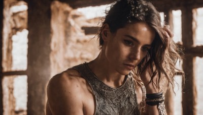 1girl,solo,long hair,looking at viewer,brown hair,black hair,bare shoulders,jewelry,closed mouth,upper body,sleeveless,dark skin,blurry,black eyes,bracelet,dark-skinned female,lips,blurry background,messy hair,freckles,hand in own hair,realistic,nose,brown eyes,tank top