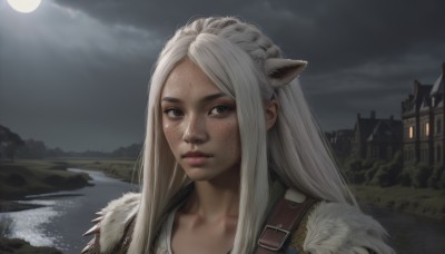 1girl,solo,long hair,looking at viewer,animal ears,brown eyes,closed mouth,collarbone,braid,white hair,outdoors,sky,cloud,water,lips,fur trim,night,moon,cloudy sky,portrait,full moon,freckles,realistic,nose,crown braid,river,upper body,tree,parted bangs,grey eyes,scenery,extra ears,castle,lake,grey sky