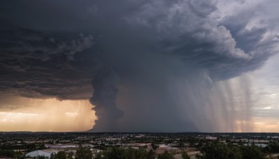 outdoors,sky,cloud,water,tree,no humans,ocean,sunlight,cloudy sky,building,scenery,sunset,light rays,city,horizon,cityscape,river,landscape,city lights,grass,lightning