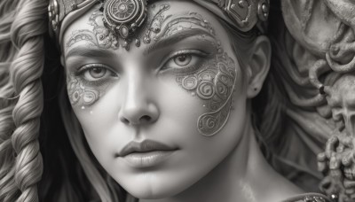 1girl,solo,long hair,looking at viewer,jewelry,closed mouth,monochrome,braid,greyscale,earrings,lips,eyelashes,portrait,tentacles,close-up,realistic,nose,tattoo,facial mark,piercing,facial tattoo,extra eyes