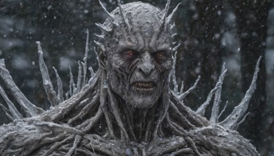 solo,looking at viewer,red eyes,1boy,male focus,outdoors,teeth,orange eyes,no humans,sharp teeth,clenched teeth,portrait,snow,spikes,monster,snowing,alien,upper body,blurry,colored skin,colored sclera,grey skin,horror (theme)