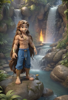 solo,long hair,smile,brown hair,1boy,navel,brown eyes,jewelry,very long hair,closed mouth,standing,full body,male focus,outdoors,barefoot,pointy ears,pants,water,necklace,black eyes,bracelet,muscular,leaf,abs,thick eyebrows,fire,pectorals,plant,muscular male,nature,toned,topless male,rock,blue pants,waterfall,blue eyes,nipples,bara,large pectorals,anklet,bare pectorals,cave,moss