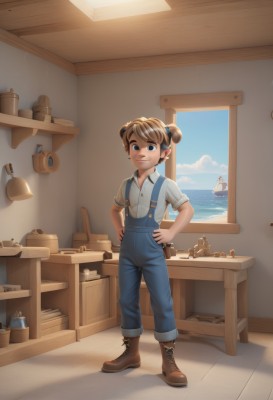 1girl,solo,looking at viewer,smile,short hair,blue eyes,brown hair,shirt,closed mouth,standing,full body,white shirt,short sleeves,boots,sky,day,collared shirt,cloud,indoors,water,hair bun,window,double bun,ocean,brown footwear,suspenders,child,cross-laced footwear,hands on hips,lace-up boots,overalls,watercraft,shelf,ship,boat,bangs,multicolored hair,bell,shadow,table,thick eyebrows,freckles,nose,female child