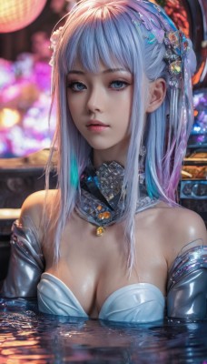 1girl,solo,long hair,breasts,looking at viewer,bangs,blue eyes,hair ornament,cleavage,bare shoulders,jewelry,medium breasts,closed mouth,blue hair,collarbone,upper body,pink hair,sidelocks,multicolored hair,shiny,artist name,water,armor,mole,blurry,lips,wet,eyelashes,strapless,makeup,detached collar,depth of field,blurry background,gem,partially submerged,realistic,nose,mascara,gorget,detached sleeves,necklace,shiny hair,collar,shiny skin,watermark,expressionless,reflection,science fiction