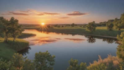 outdoors,sky,cloud,water,tree,blue sky,no humans,sunlight,cloudy sky,grass,plant,nature,scenery,forest,reflection,sunset,mountain,sun,horizon,river,landscape,lake,reflective water,gradient sky