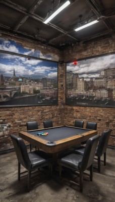 sky,day,cloud,indoors,no humans,window,chair,table,cloudy sky,building,scenery,desk,science fiction,city,realistic,aircraft,cityscape,ruins,skyscraper,lamp,computer,monitor,landscape