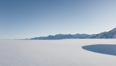 monochrome,outdoors,sky,day,blue sky,no humans,shadow,scenery,mountain,sand,horizon,road,landscape,mountainous horizon,desert,nature,snow,blue theme,footprints