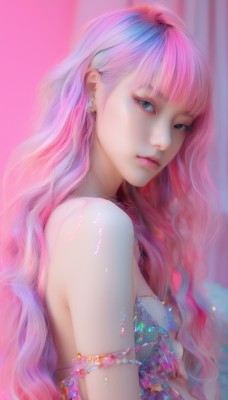 1girl,solo,long hair,breasts,looking at viewer,bangs,blue eyes,bare shoulders,jewelry,closed mouth,upper body,pink hair,multicolored hair,earrings,small breasts,artist name,blunt bangs,blurry,from side,lips,looking to the side,eyelashes,makeup,blurry background,wavy hair,gem,armlet,eyeshadow,pink lips,realistic,nose,medium breasts,blue hair,necklace,two-tone hair,gradient hair,expressionless,pink background,lipstick,eyeliner,mascara