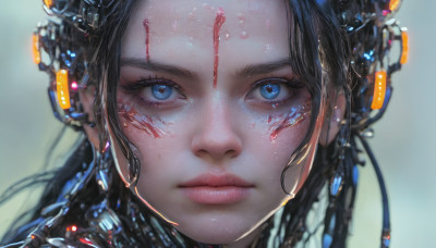 1girl, solo, long hair, looking at viewer, blue eyes, black hair, closed mouth, shiny, blurry, lips, eyelashes, blood, expressionless, portrait, close-up, science fiction, blood on face, realistic, nose, cable, cyberpunk