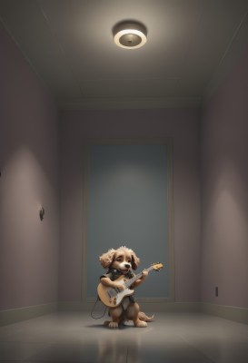 solo,smile,open mouth,holding,animal ears,standing,tail,full body,indoors,black eyes,no humans,instrument,dog ears,furry,reflection,dog,dog tail,door,music,guitar,playing instrument,holding instrument,brown fur,horror (theme),hallway,reflective floor,blue eyes,blonde hair,1boy,animalization,electric guitar