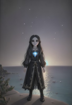 1girl,solo,long hair,looking at viewer,smile,brown hair,black hair,long sleeves,dress,brown eyes,jewelry,standing,collarbone,full body,braid,flower,boots,outdoors,parted lips,sky,pointy ears,puffy sleeves,pants,water,black footwear,black eyes,black dress,night,glowing,ocean,beach,black pants,plant,gem,pale skin,star (sky),night sky,forehead,starry sky,arms at sides,horizon,dark,watercraft,boat,very long hair,earrings,belt,artist name,necklace,watermark,brooch,pendant,puffy long sleeves,rock,sand